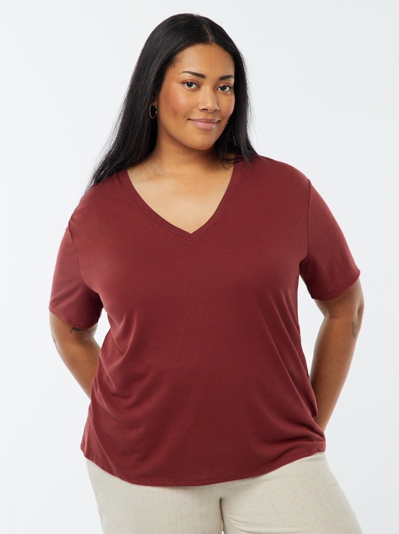 T-shirt basique uni col V Rouge - Kiabi