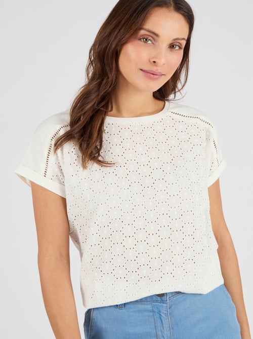 T-shirt bi-matière broderie anglaise - Damart - Kiabi