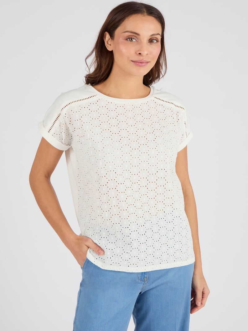 T-shirt bi-matière broderie anglaise - Damart Blanc cassé - Kiabi