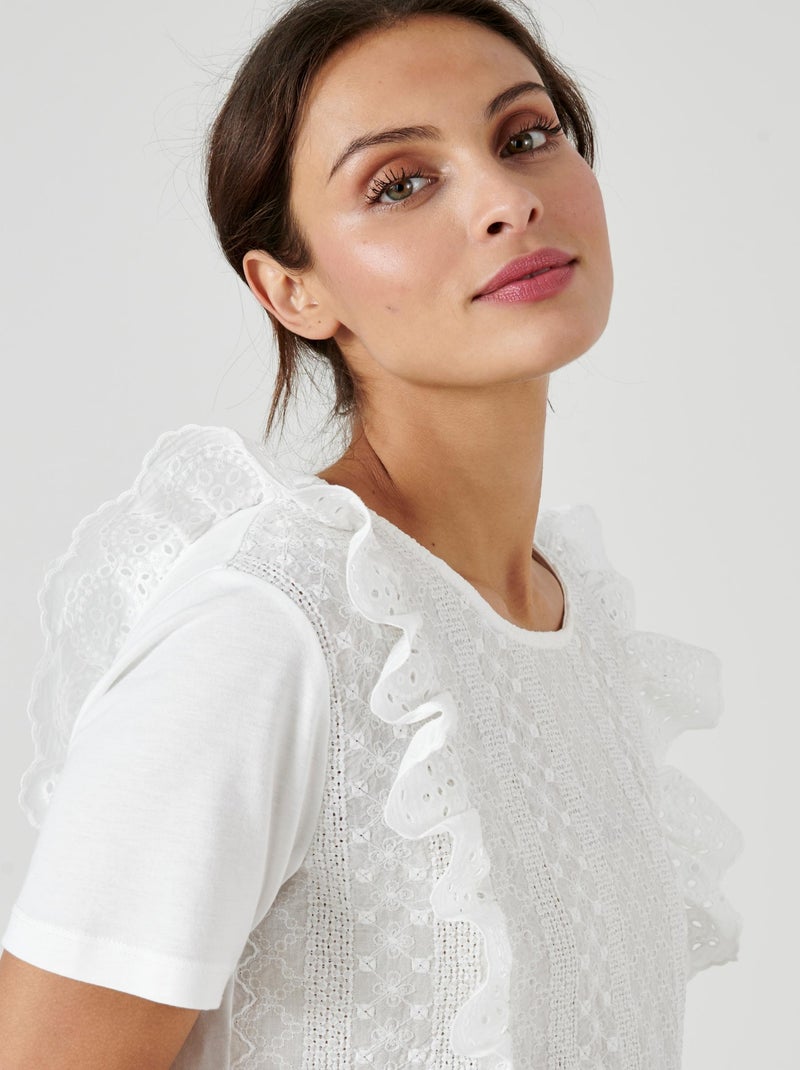 T-shirt bi-matière broderie anglaise - Damart Blanc Ecru Blanc - Kiabi