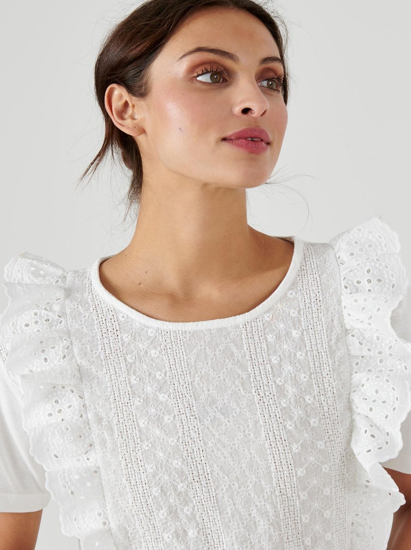 T-shirt bi-matière broderie anglaise - Damart Blanc Ecru Blanc - Kiabi