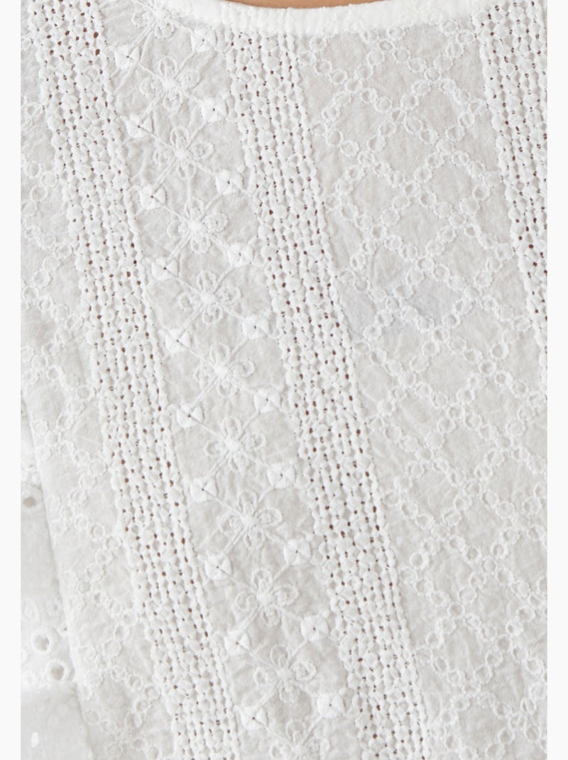 T-shirt bi-matière broderie anglaise - Damart Blanc Ecru Blanc - Kiabi