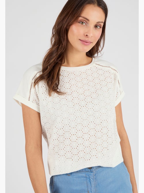 T-shirt bi-matière broderie anglaise - Damart - Kiabi