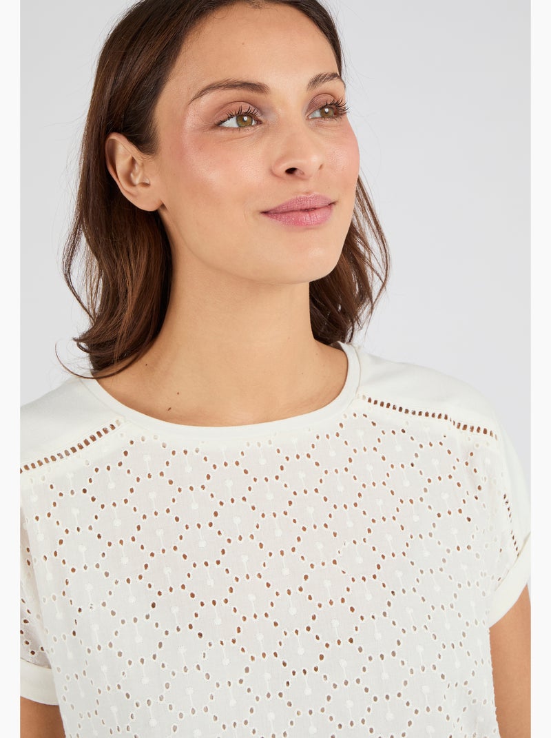 T-shirt bi-matière broderie anglaise - Damart Blanc - Kiabi