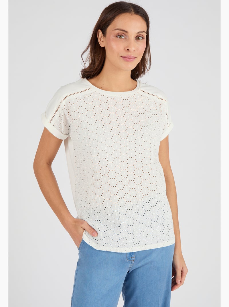 T-shirt bi-matière broderie anglaise - Damart Blanc - Kiabi
