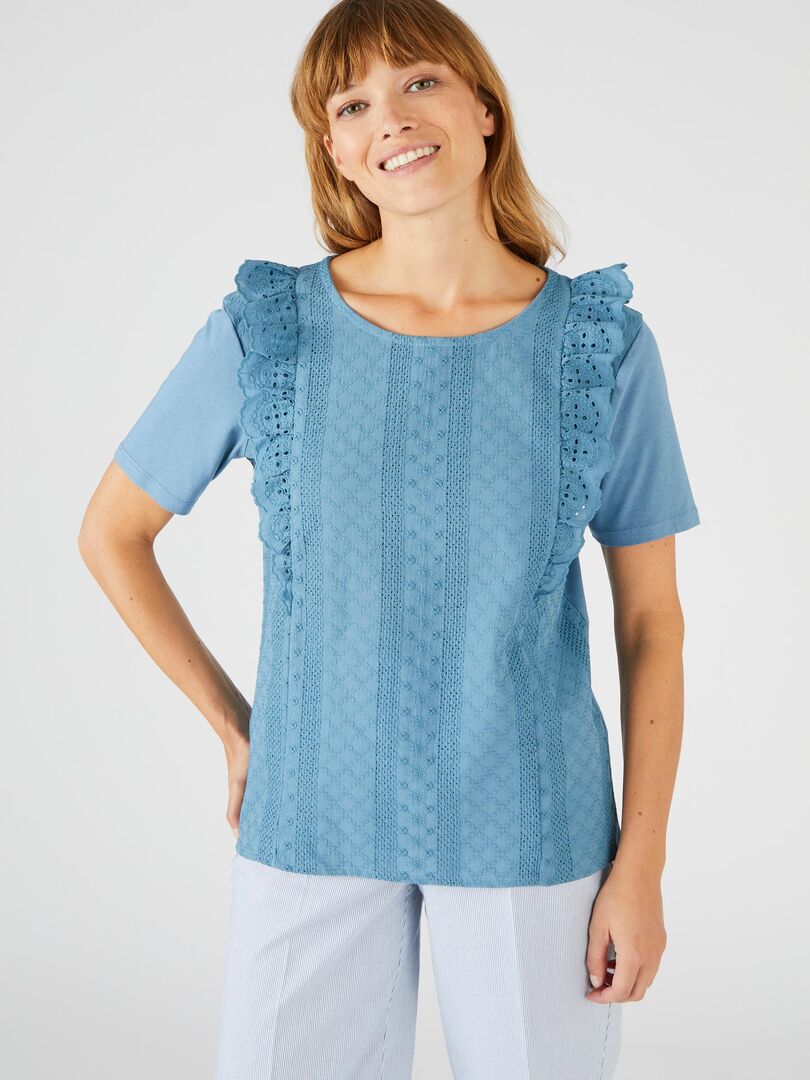 T-shirt bi-matière broderie anglaise - Damart Bleu - Kiabi