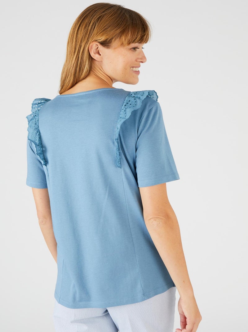 T-shirt bi-matière broderie anglaise - Damart Bleu - Kiabi