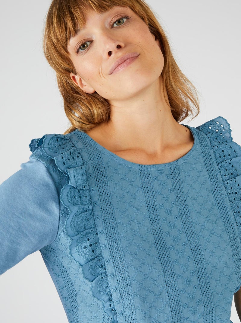 T-shirt bi-matière broderie anglaise - Damart Bleu - Kiabi