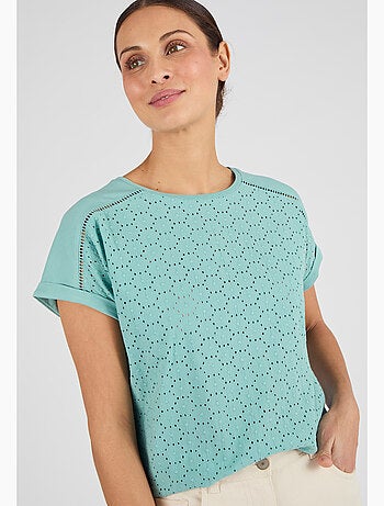 T-shirt bi-matière broderie anglaise - Damart