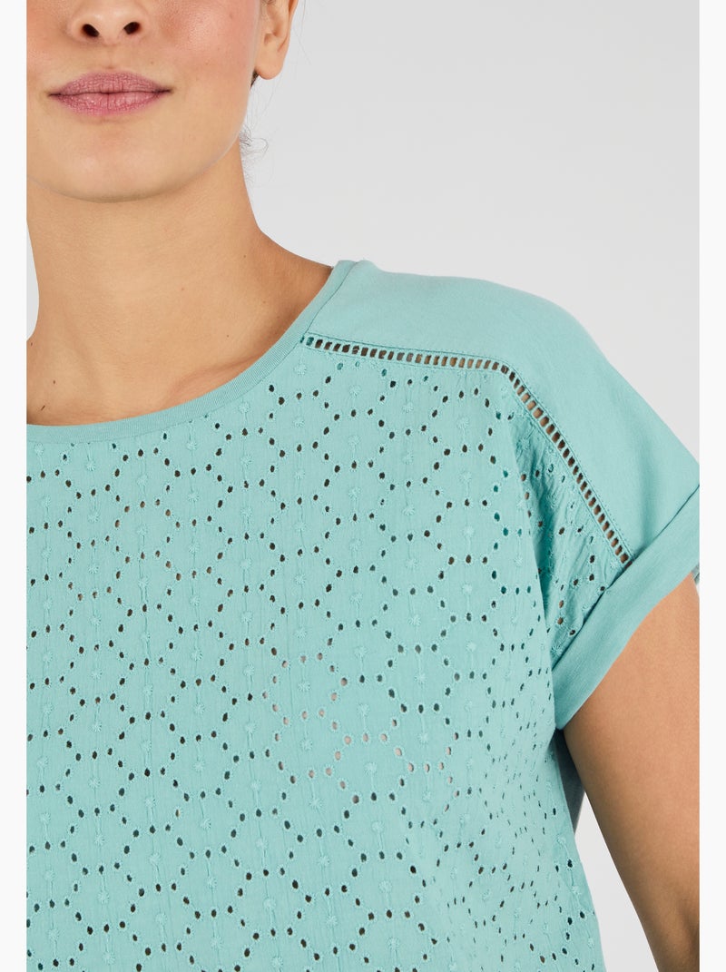 T-shirt bi-matière broderie anglaise - Damart Bleu - Kiabi