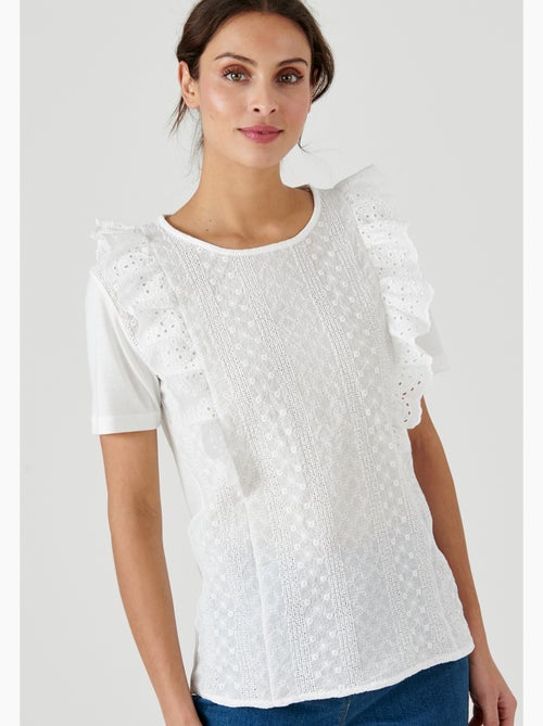 T-shirt bi-matière broderie anglaise - Damart - Kiabi