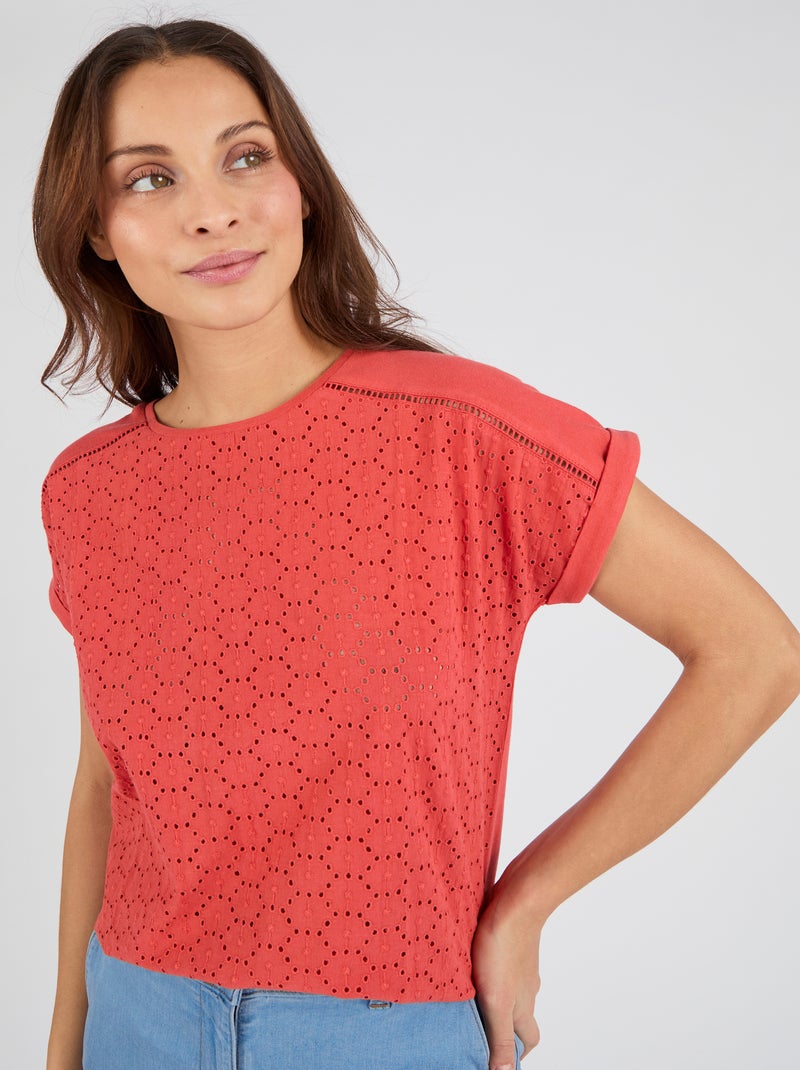 T-shirt bi-matière broderie anglaise - Damart Marron foncé - Kiabi
