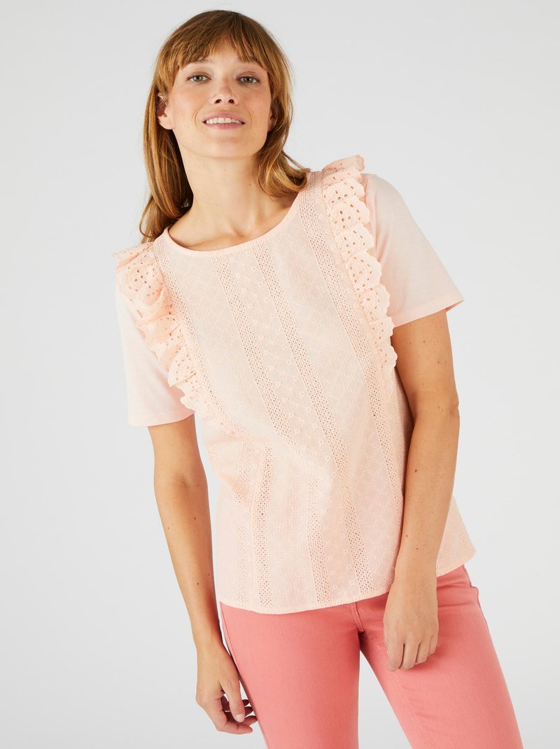 T-shirt bi-matière broderie anglaise - Damart Orange - Kiabi