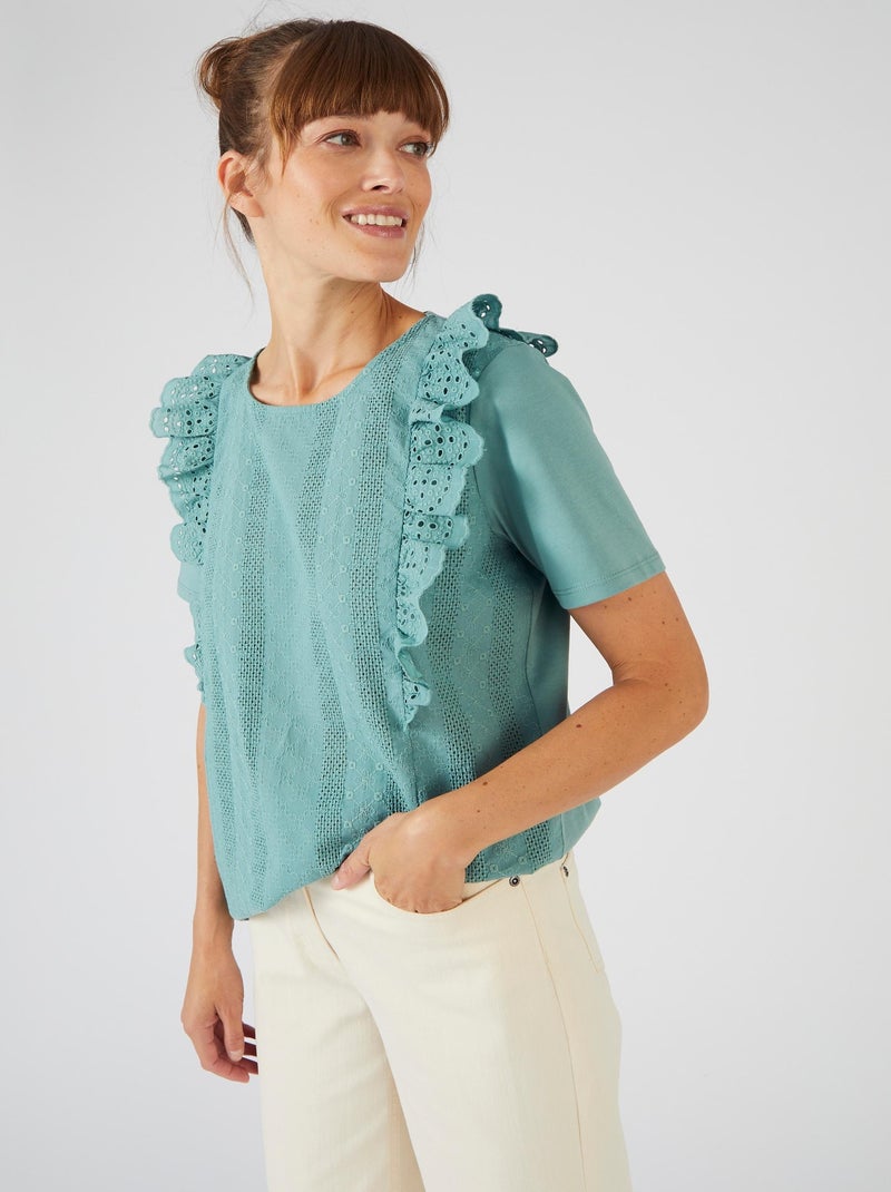 T-shirt bi-matière broderie anglaise - Damart Vert d'eau - Kiabi