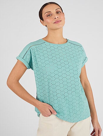 T-shirt bi-matière broderie anglaise - Damart