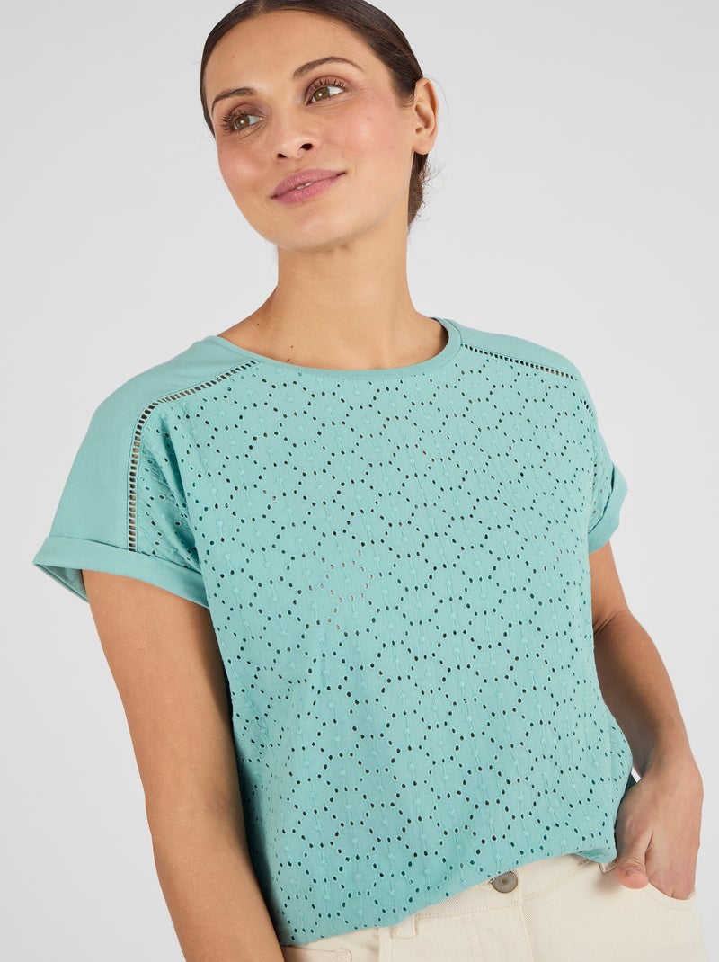 T-shirt bi-matière broderie anglaise - Damart Vert - Kiabi