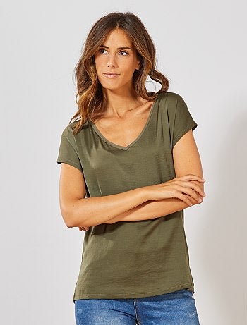 T-shirt bi-matière col V - Kiabi