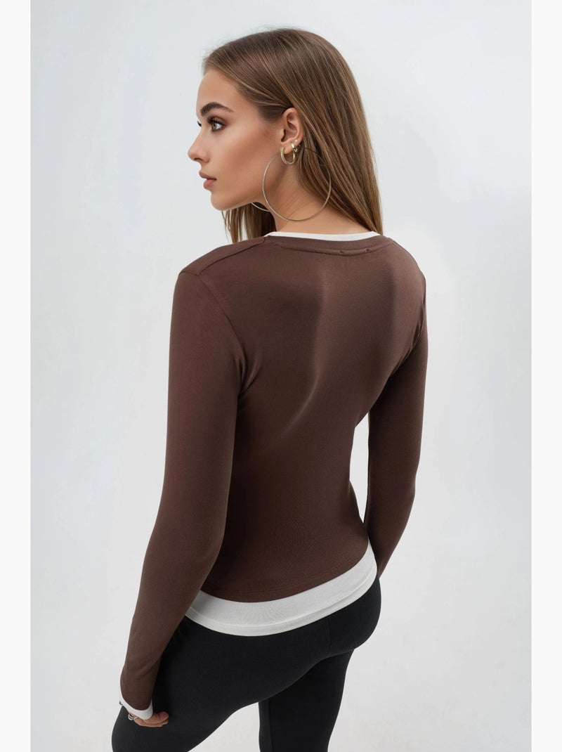 T-shirt bords contrastés manches longues busem Marron clair - Kiabi
