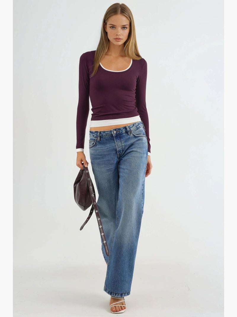 T-shirt bords contrastés manches longues busem Mauve - Kiabi