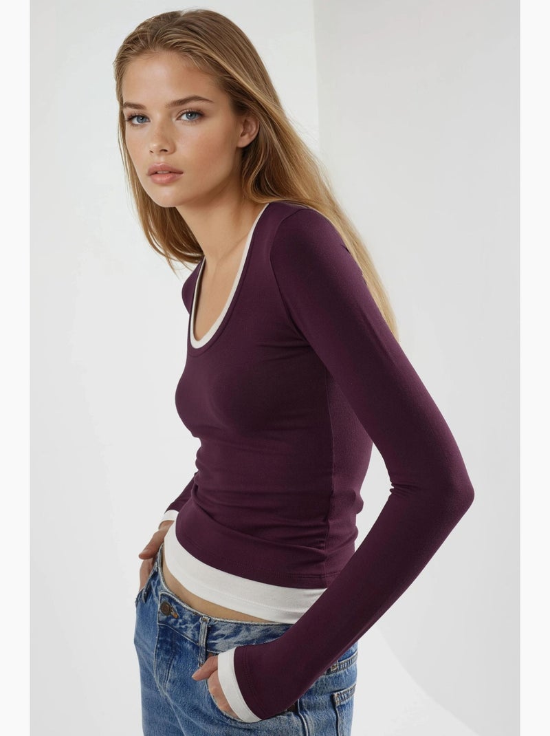 T-shirt bords contrastés manches longues busem Mauve - Kiabi