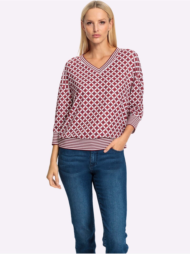T-shirt Bords-côtes Rayés - Taille Standard - Helline Ecru/Rouge - Kiabi