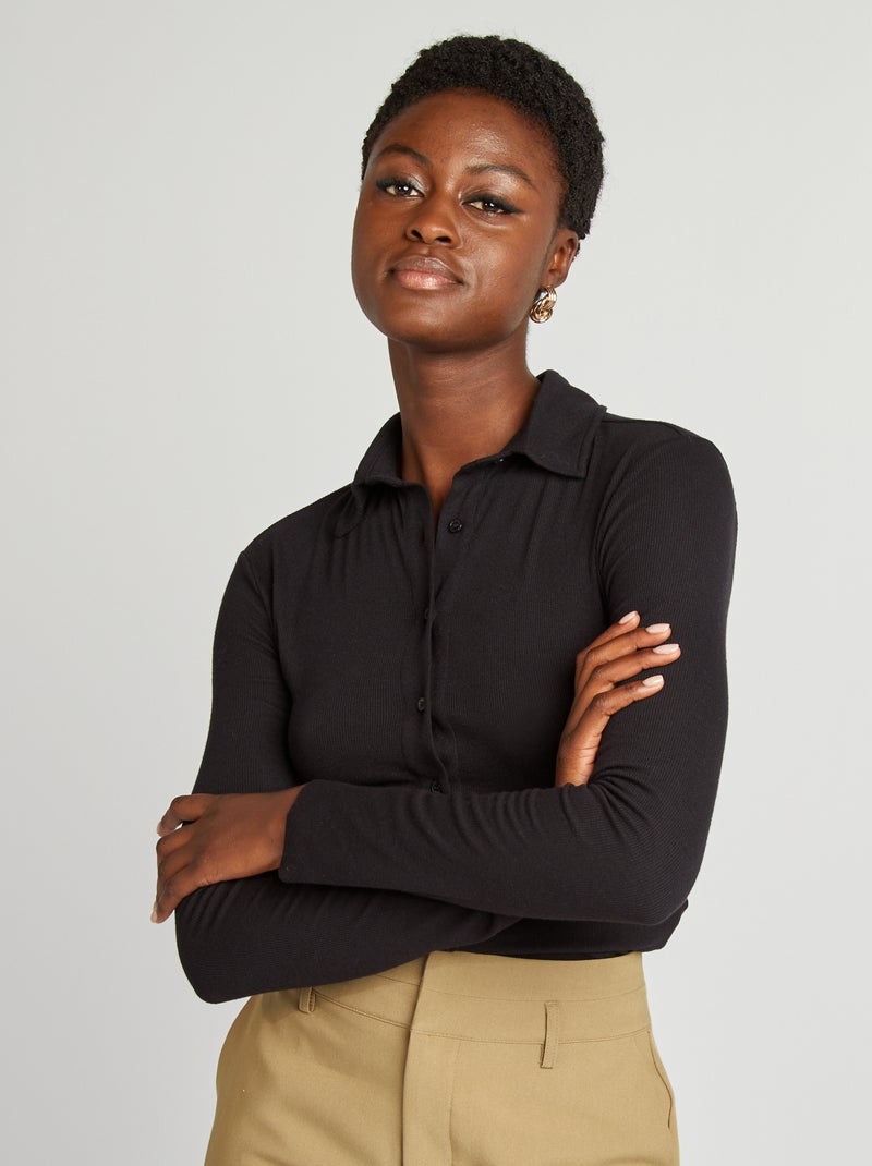 T-shirt boutonné avec col polo noir - Kiabi
