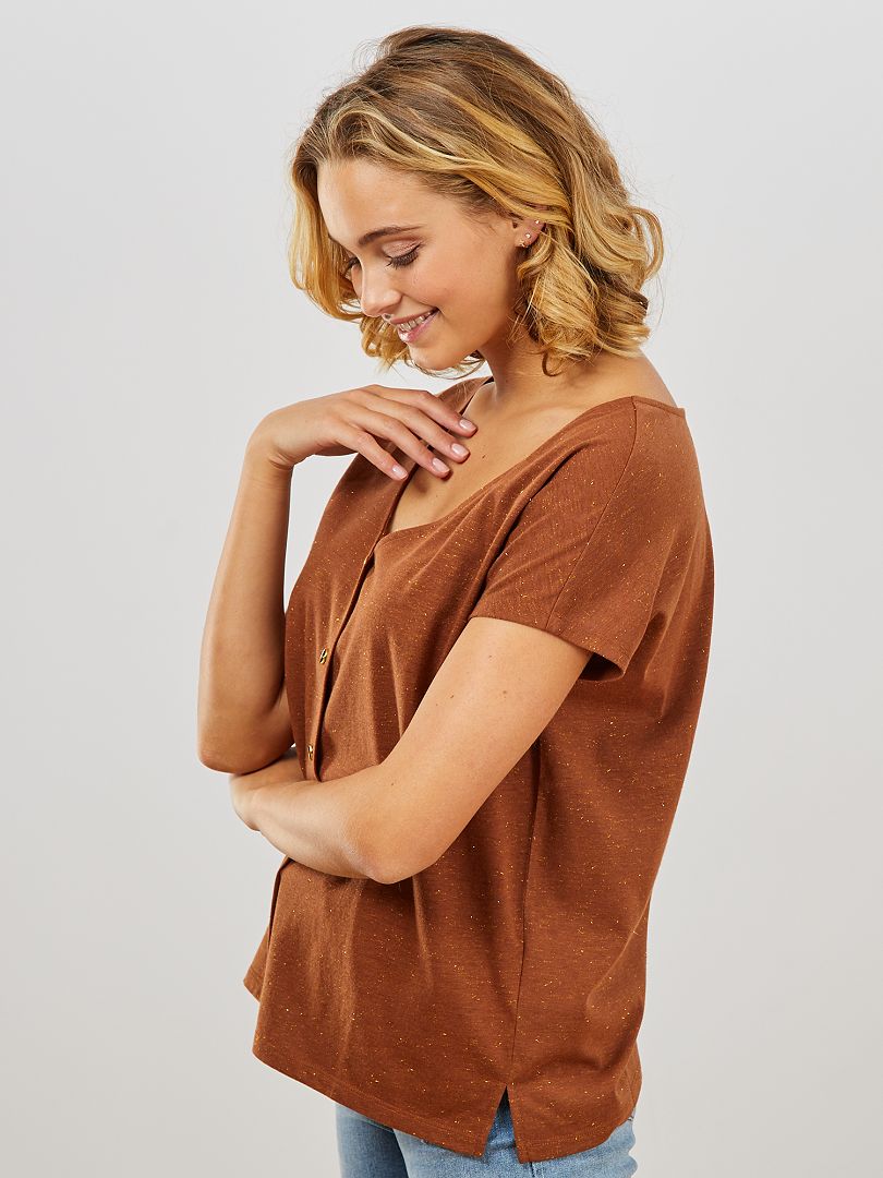 T-shirt boutonné doré brun - Kiabi