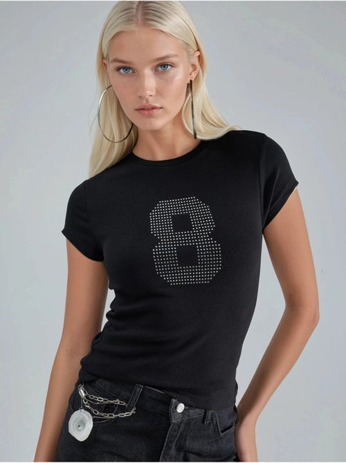 T-shirt brillant à col rond et manches courtes avec imprimé texte busem - Kiabi