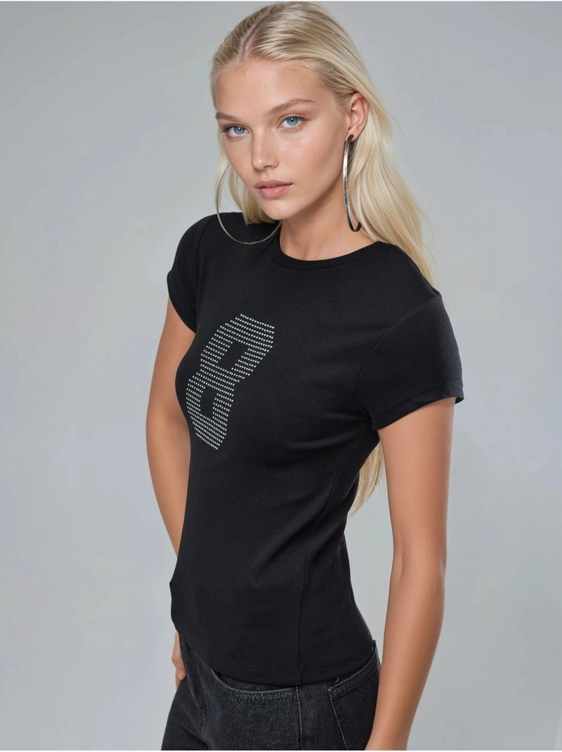 T-shirt brillant à col rond et manches courtes avec imprimé texte busem Noir - Kiabi