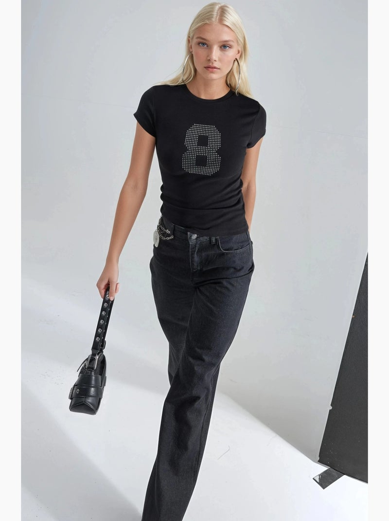 T-shirt brillant à col rond et manches courtes avec imprimé texte busem Noir - Kiabi