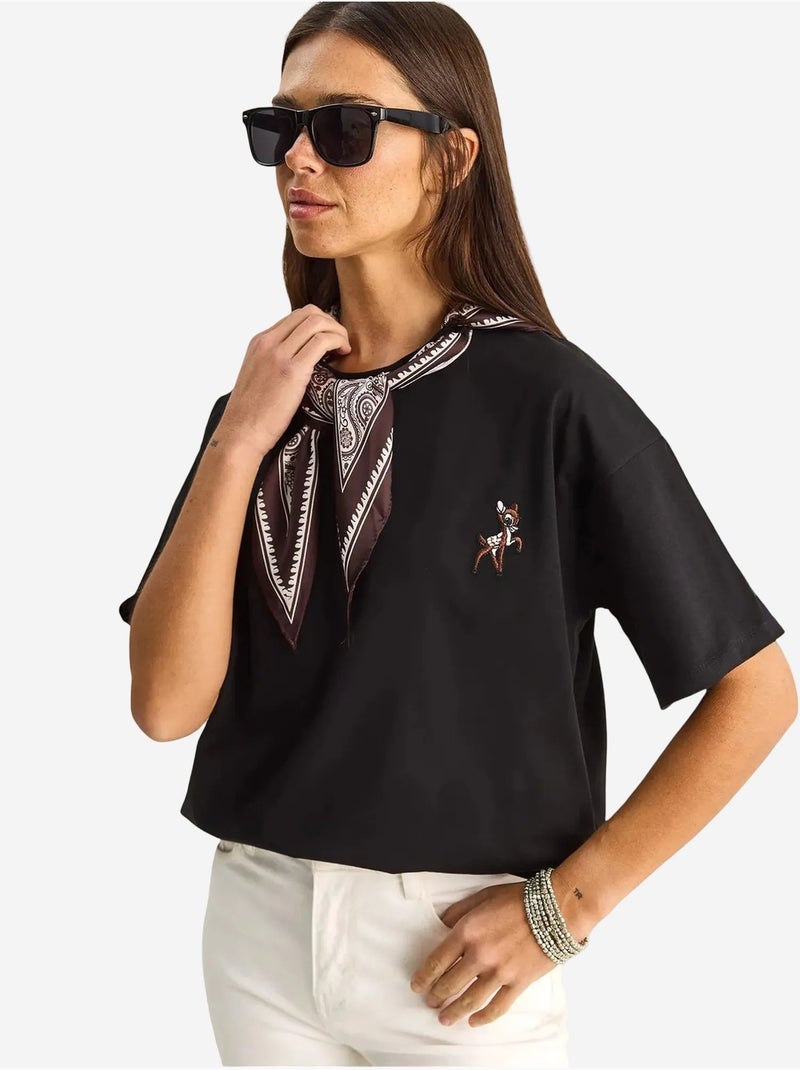 T-shirt brodé à col rond coupe ample lucci Noir - Kiabi