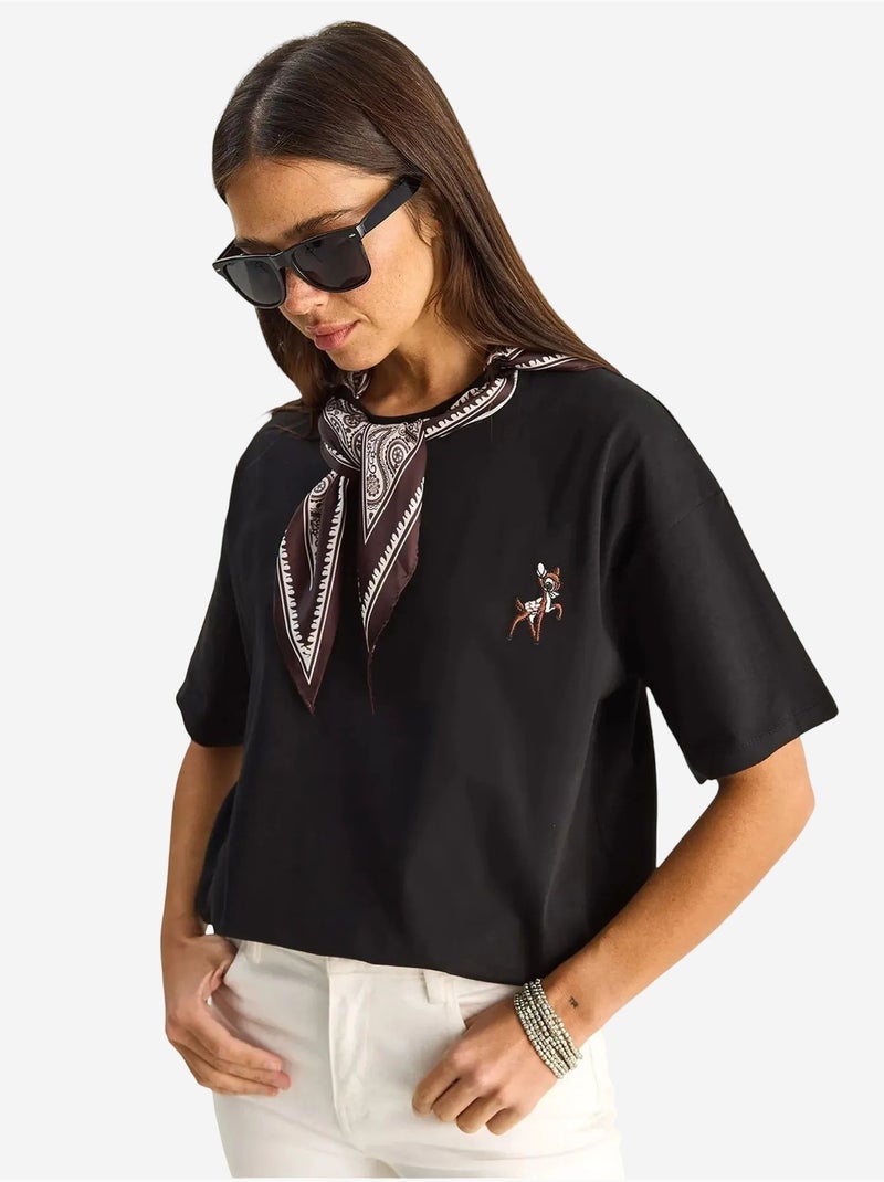 T-shirt brodé à col rond coupe ample lucci Noir - Kiabi