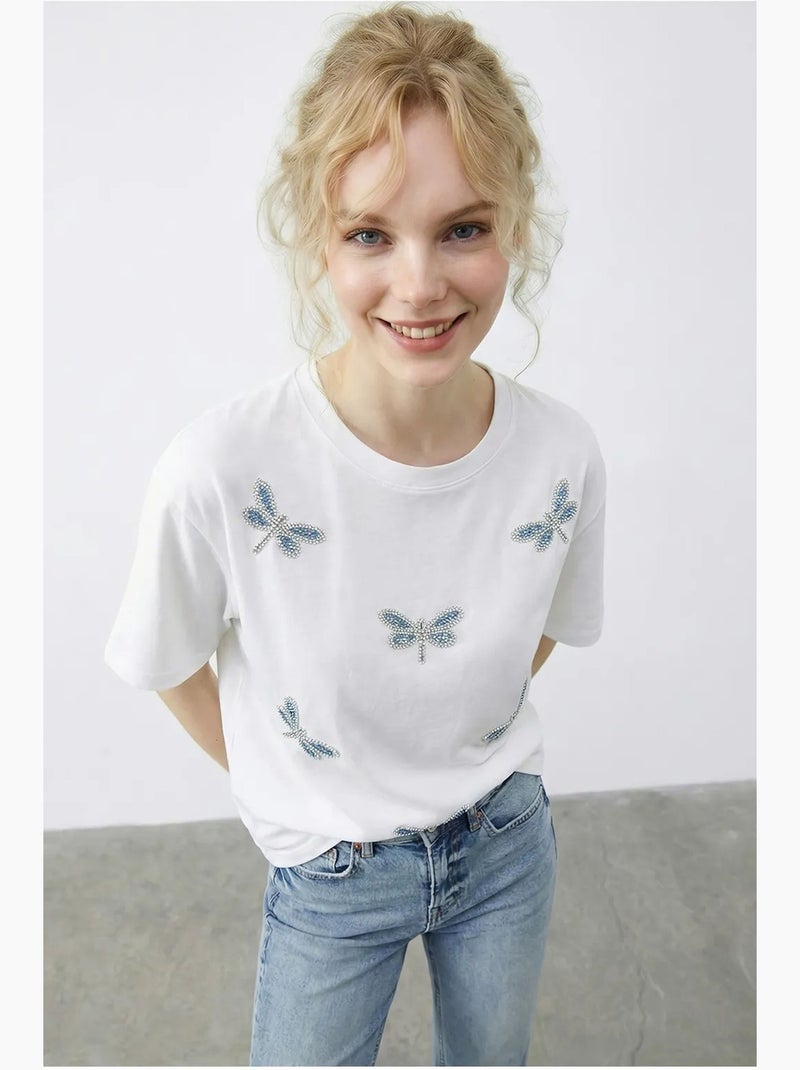 T-shirt brodé à col rond et coupe décontractée lucci Blanc - Kiabi