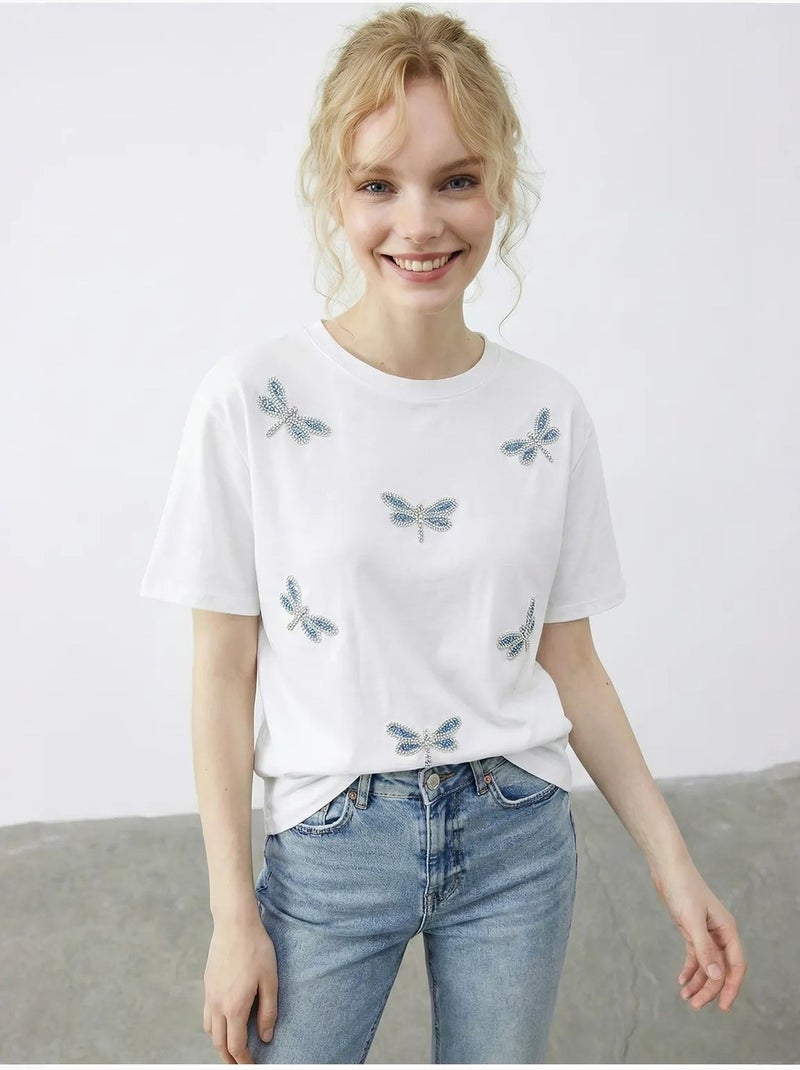 T-shirt brodé à col rond et coupe décontractée lucci Blanc - Kiabi