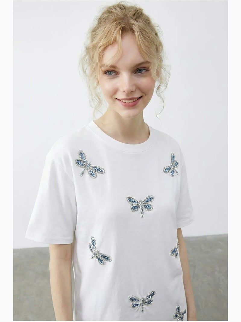 T-shirt brodé à col rond et coupe décontractée lucci Blanc - Kiabi