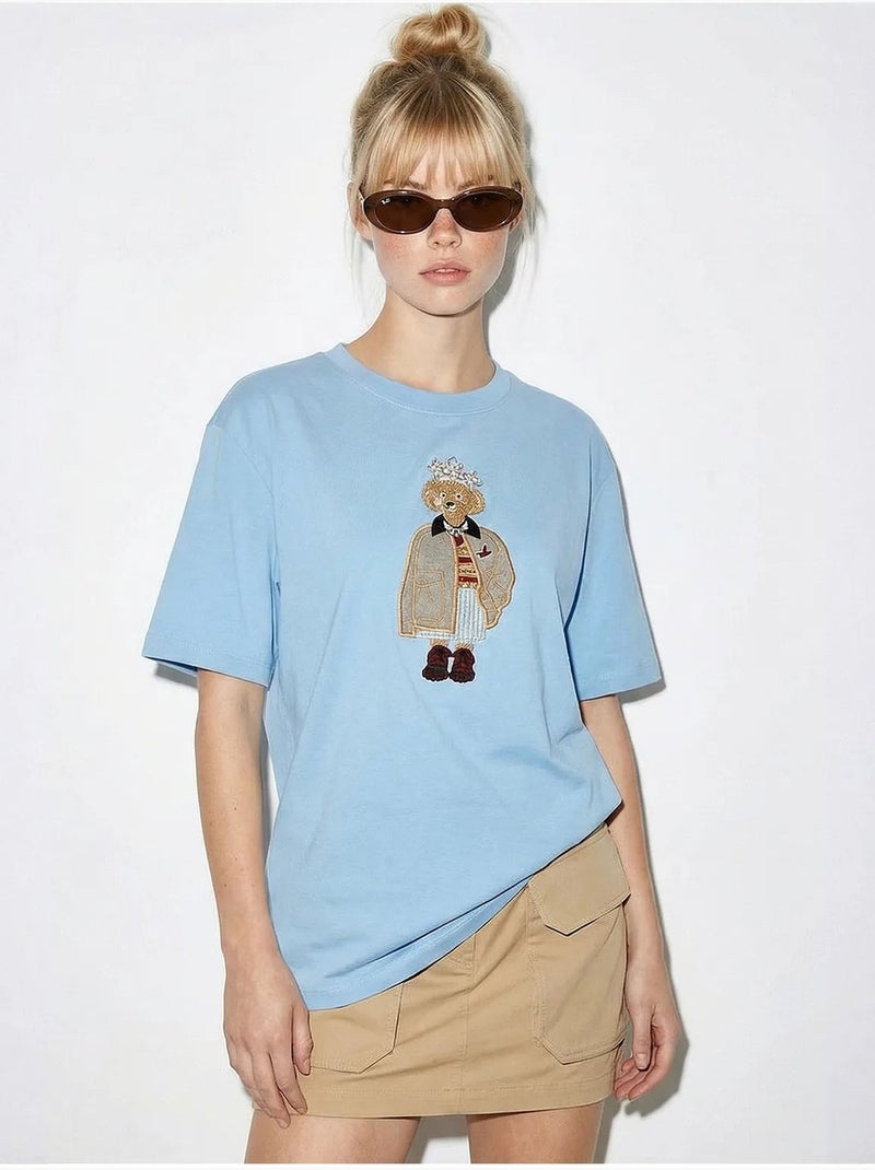 T-shirt brodé à col rond et coupe décontractée lucci Bleu ciel - Kiabi