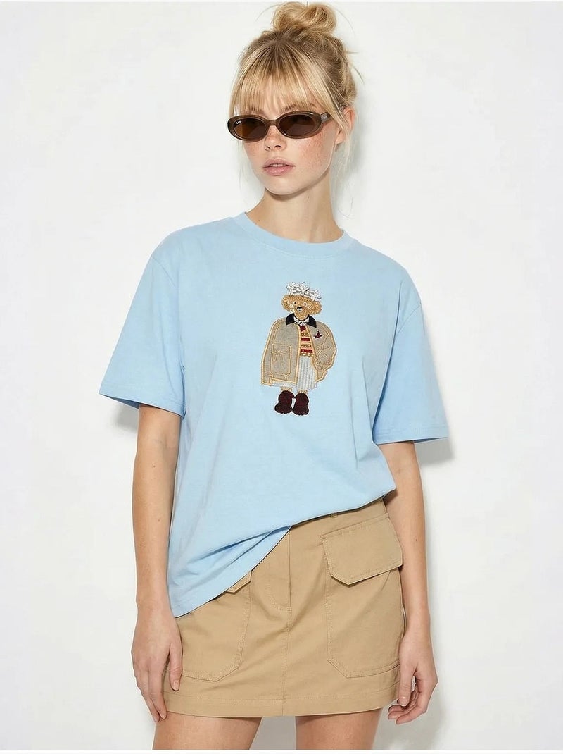 T-shirt brodé à col rond et coupe décontractée lucci Bleu ciel - Kiabi