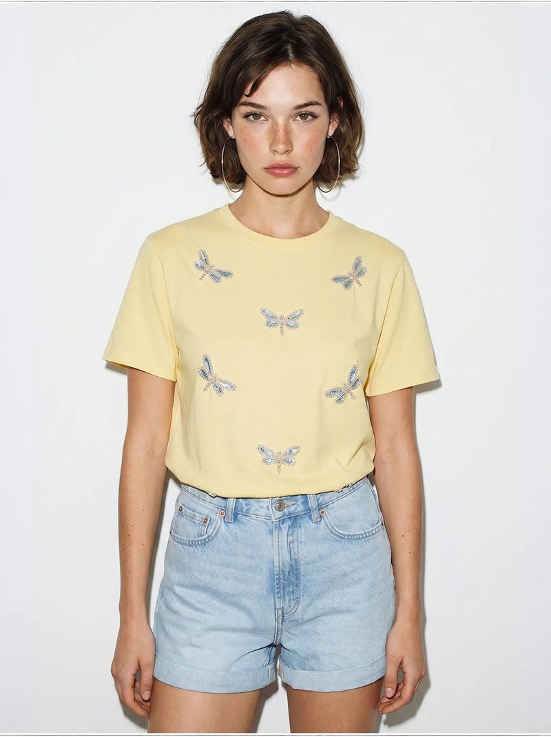 T-shirt brodé à col rond et coupe décontractée lucci Jaune citron - Kiabi