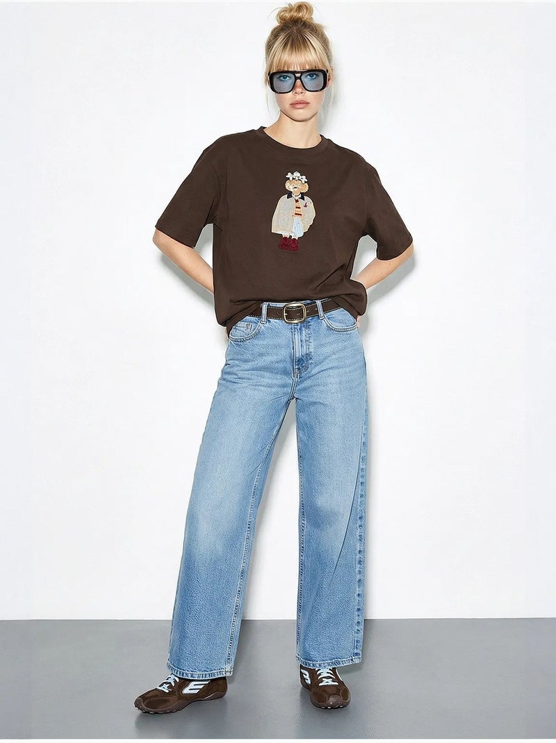 T-shirt brodé à col rond et coupe décontractée lucci Marron foncé - Kiabi