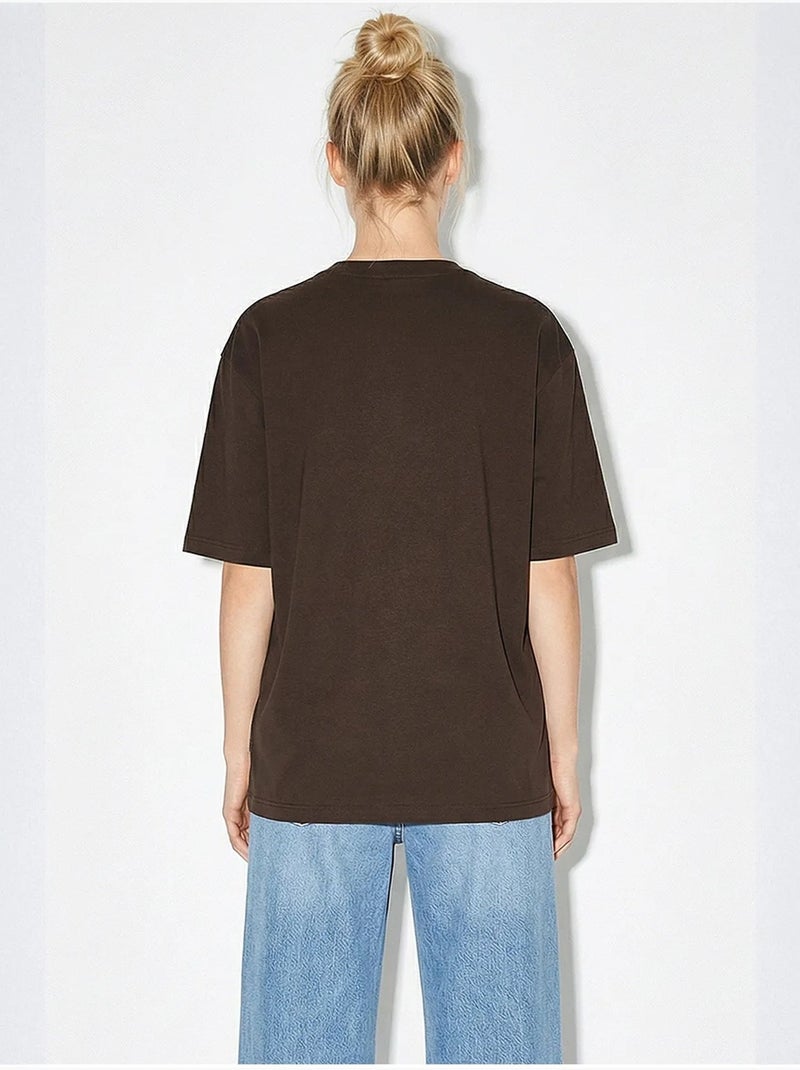 T-shirt brodé à col rond et coupe décontractée lucci Marron foncé - Kiabi