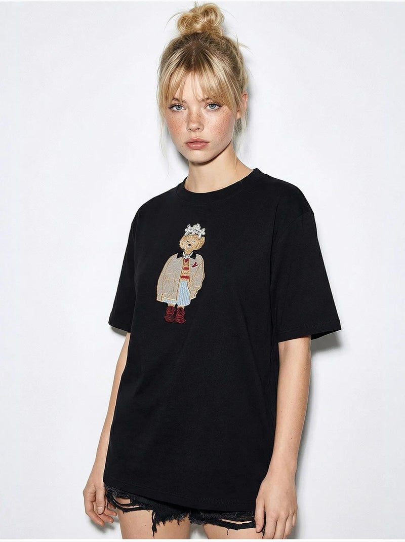 T-shirt brodé à col rond et coupe décontractée lucci Noir - Kiabi