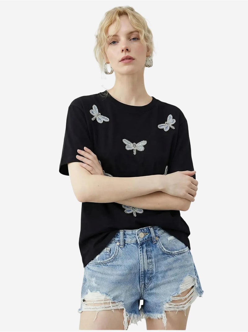 T-shirt brodé à col rond et coupe décontractée lucci Noir - Kiabi