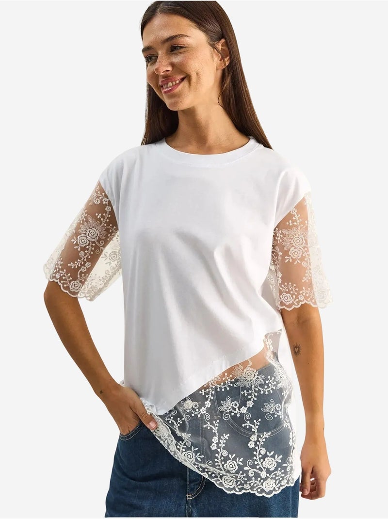 T-shirt brodé à col rond et manches trois-quarts lucci Blanc - Kiabi