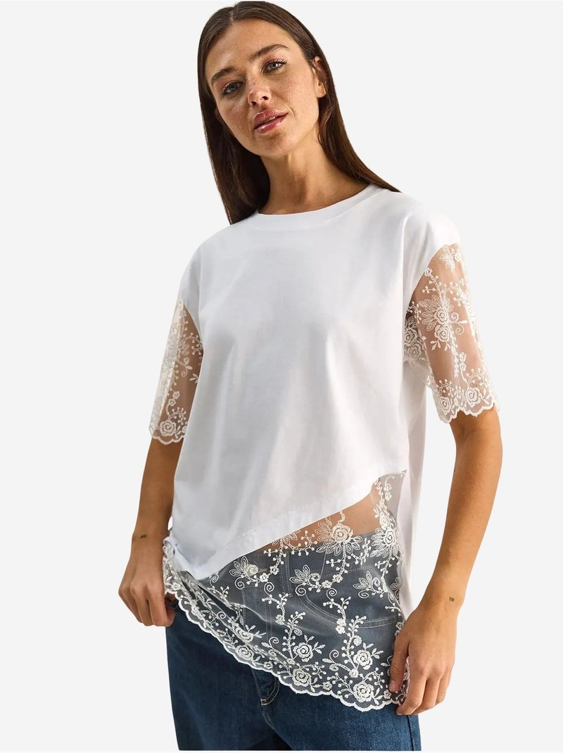 T-shirt brodé à col rond et manches trois-quarts lucci Blanc - Kiabi