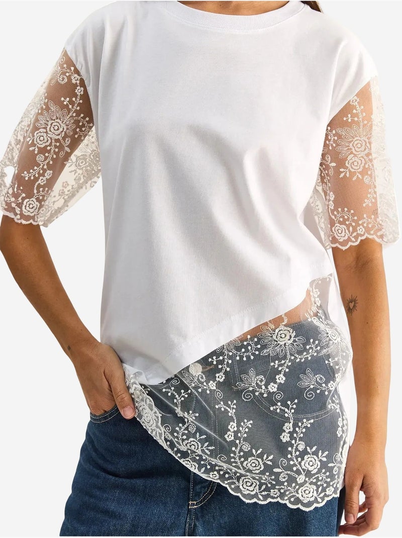 T-shirt brodé à col rond et manches trois-quarts lucci Blanc - Kiabi