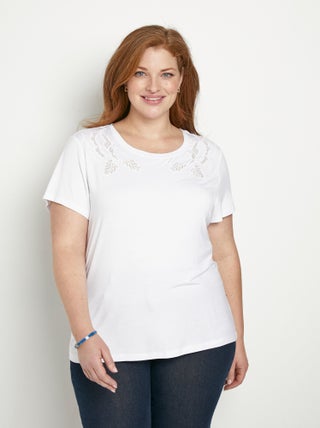 T-shirt brodé ajouré coton  col rond