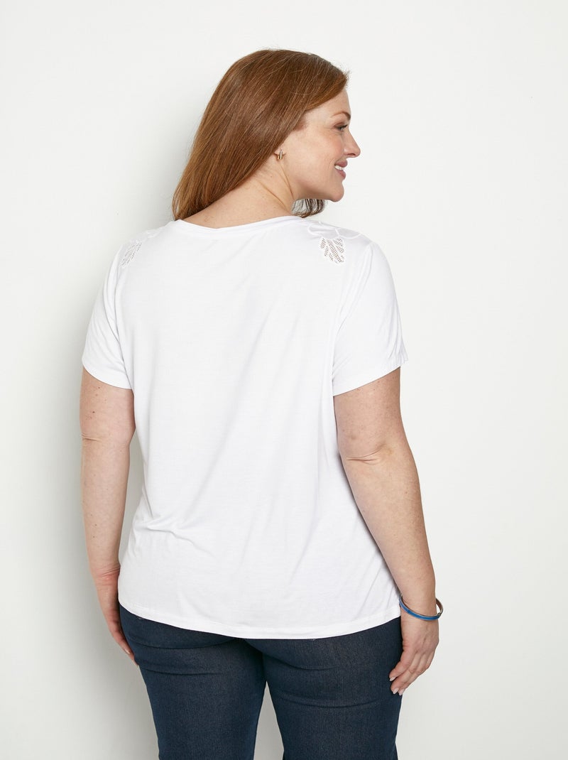 T-shirt brodé ajouré coton  col rond Blanc - Kiabi