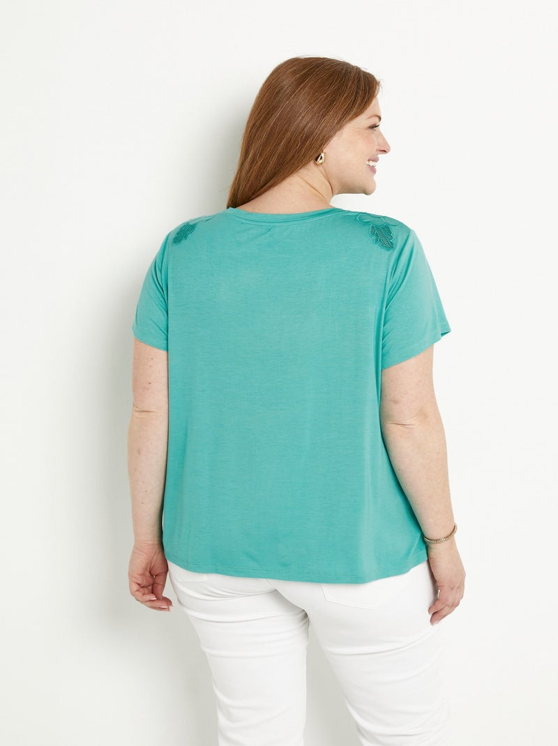 T-shirt brodé ajouré coton  col rond Bleu turquoise - Kiabi