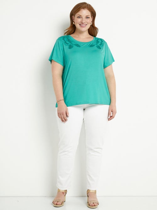 T-shirt brodé ajouré coton  col rond - Kiabi