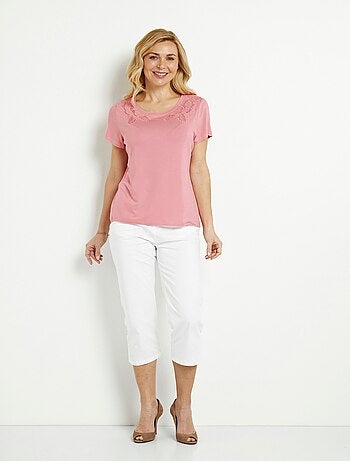 T-shirt brodé ajouré coton col rond
